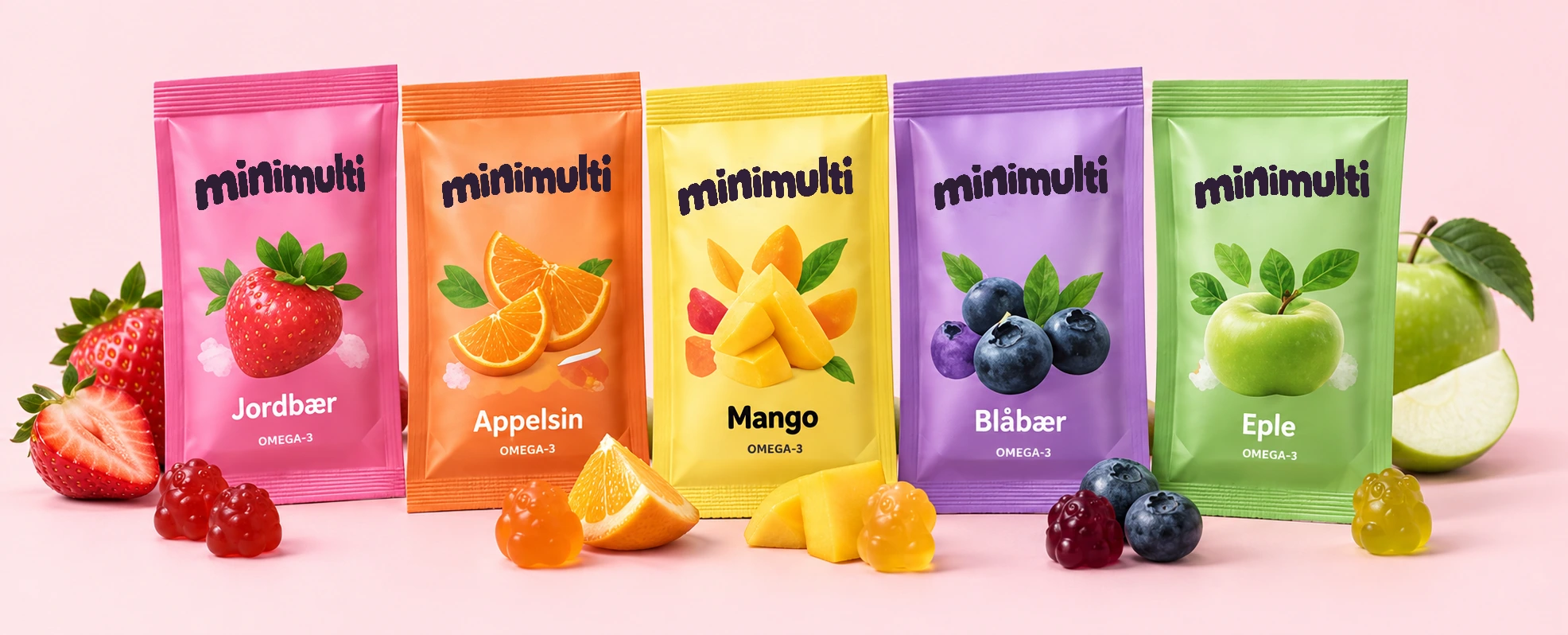 Fem fargerike MiniMulti-poser: jordbær, appelsin, mango, blåbær og eple