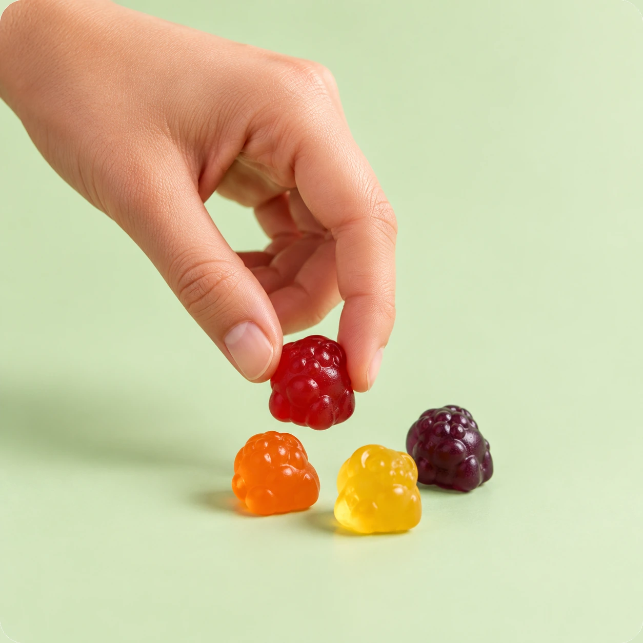 Nærbilde av en hånd som løfter en rød gummy
